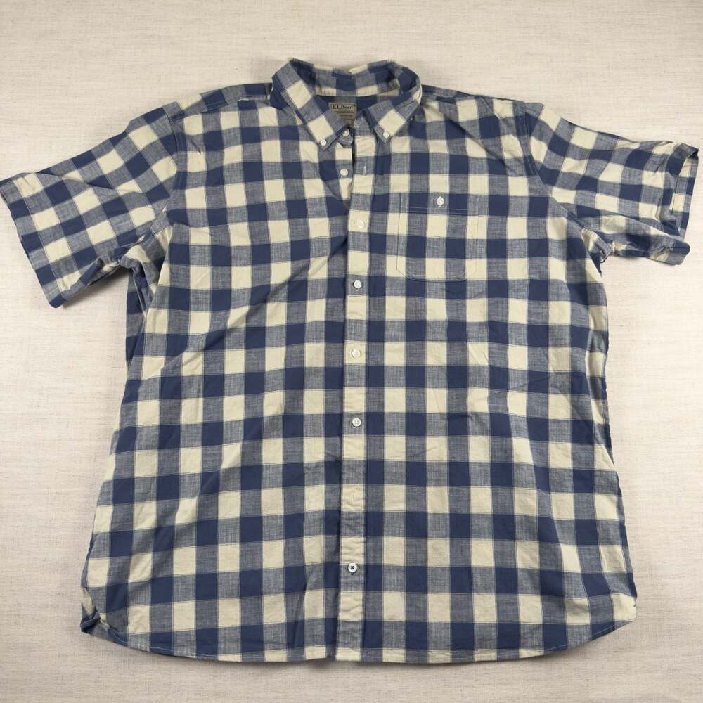 L.L.Bean Men's Comfort Stretch Chambray Plaid Short-Sleeve Shirt Slightly Fitted